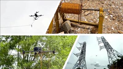 Truyền tải điện Hòa Bình ứng dụng UAV rải cáp mồi phục vụ thi công đường dây 500kV mạch 3
