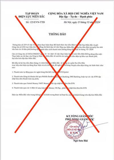 Cảnh báo hiện tượng giả mạo văn bản, thương hiệu của Tập đoàn Điện lực Việt Nam (EVN) để lừa đảo khách hàng